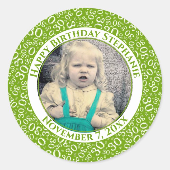 Photo 30th Random Number Pattern Green/White Classic Round Sticker (Front)