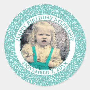 Photo 30th Random Number Pattern Teal/White Classic Round Sticker