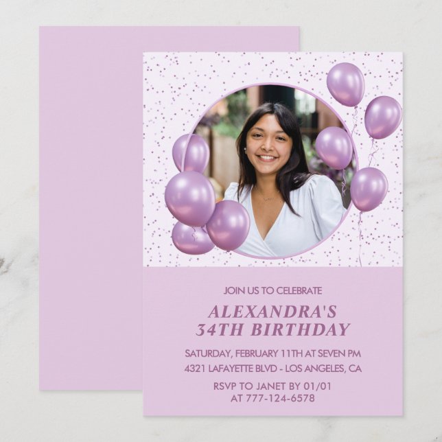 Photo 34th birthday invitations Balloons  Purple (Front/Back)