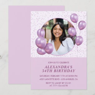 Photo 34th birthday invitations Balloons  Purple