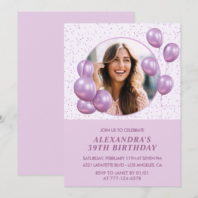 Photo 39th birthday invitations Balloons  Purple (Front/Back)