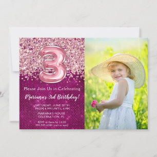 Photo 3rd Birthday Invitation Magenta Pink Glitter