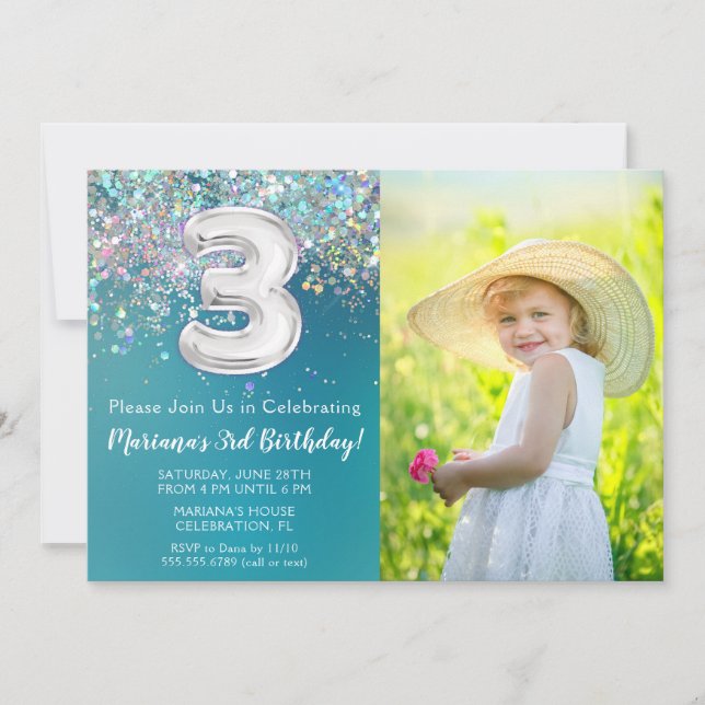 Photo 3rd Birthday Invitation Teal Silver Glitter (Front)