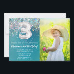 Photo 3rd Birthday Invitation Teal Silver Glitter<br><div class="desc">Photo 3rd Birthday Invitation Teal and Silver Glitter 3rd birthday party invitation for a 3 year old girl with modern script writing and fun foil balloons.</div>