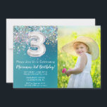 Photo 3rd Birthday Invitation Teal Silver Glitter<br><div class="desc">Photo 3rd Birthday Invitation Teal and Silver Glitter 3rd birthday party invitation for a 3 year old girl with modern script writing and fun foil balloons.</div>
