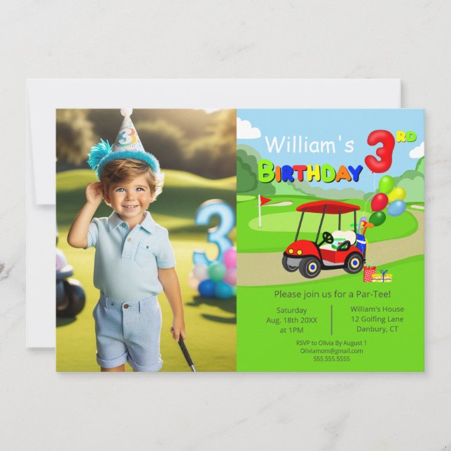 Photo 3rd Birthday Red Golf Cart Boy's Invitation (Front)