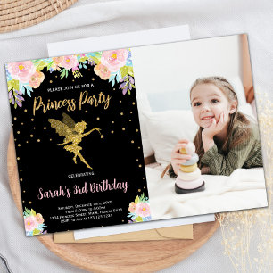 Photo 3rd Black Floral Princess Birthday Invitation