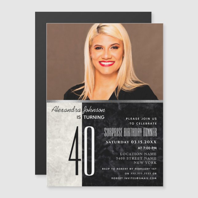 Photo 40th Birthday Black and White Magnetic Invitation (Front/Back)
