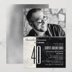 Photo 40th Birthday , Black and White Marble Invitation