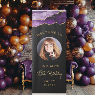 Photo 40th Birthday Purple Gold Agate Black Retractable Banner