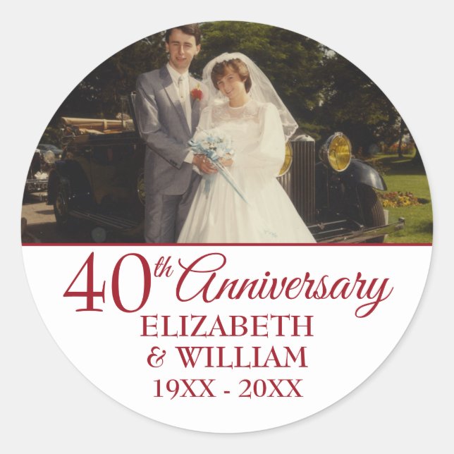 Photo 40th Ruby Wedding Anniversary Elegant Classic Round Sticker (Front)