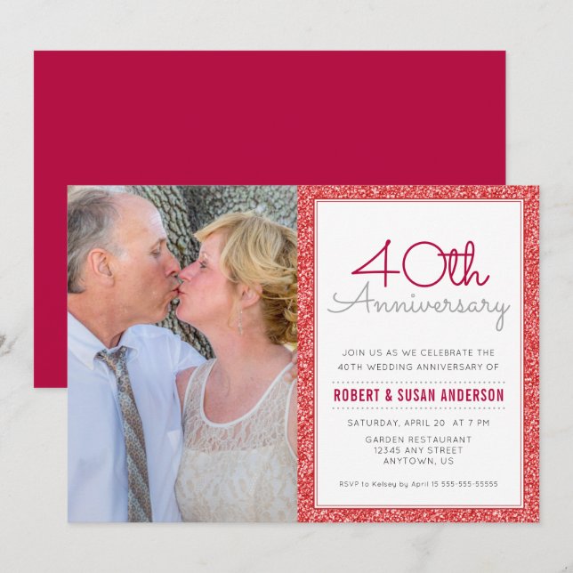 Photo 40th Wedding Anniversary Faux Red Glitter Invitation (Front/Back)