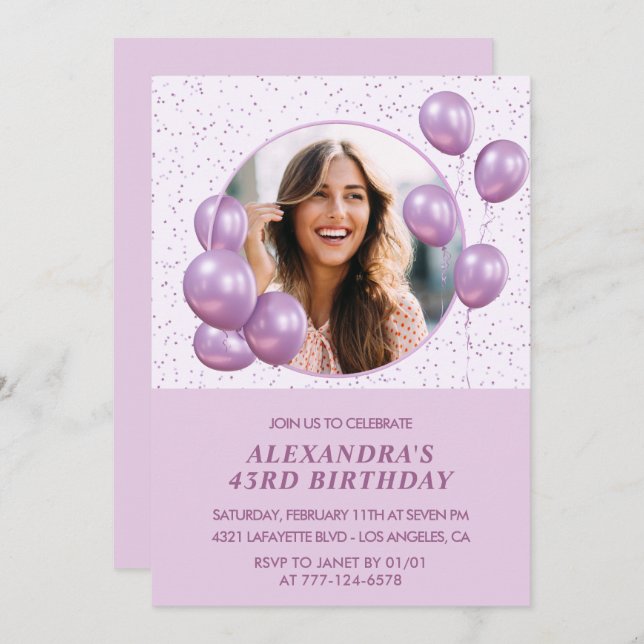 Photo 43rd birthday invitations Balloons  Purple (Front/Back)