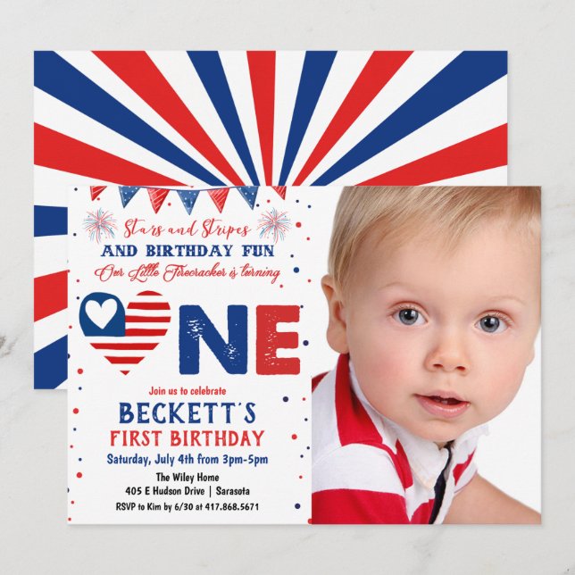 PHOTO - 4th of July 1st Birthday Invitation (Front/Back)