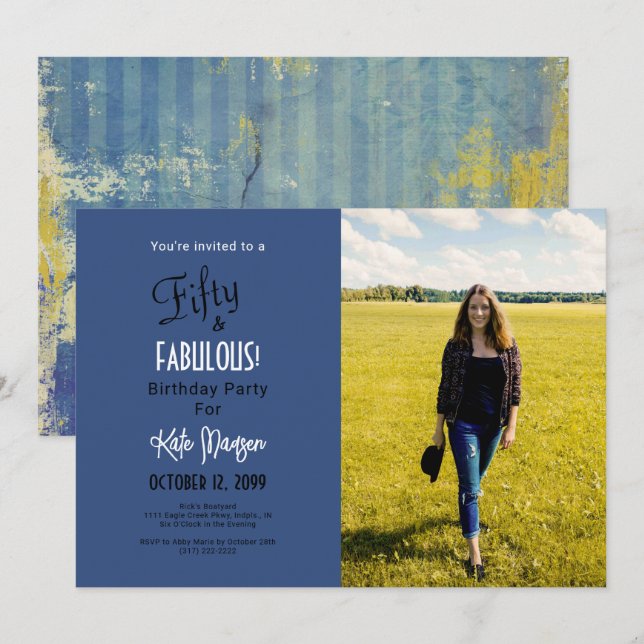 Photo 50 & FABULOUS 50th Birthday Party Blue Invitation (Front/Back)