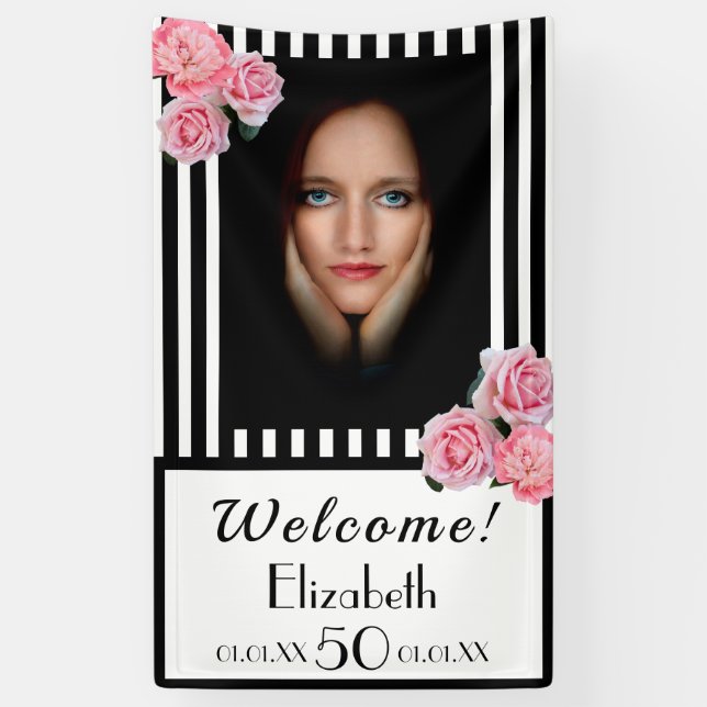 Photo 50th birthday black white stripes florals banner (Vertical)