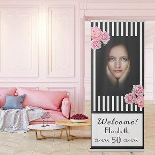 Photo 50th birthday black white stripes florals retractable banner