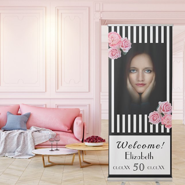 Photo 50th birthday black white stripes florals retractable banner (Creator Uploaded)