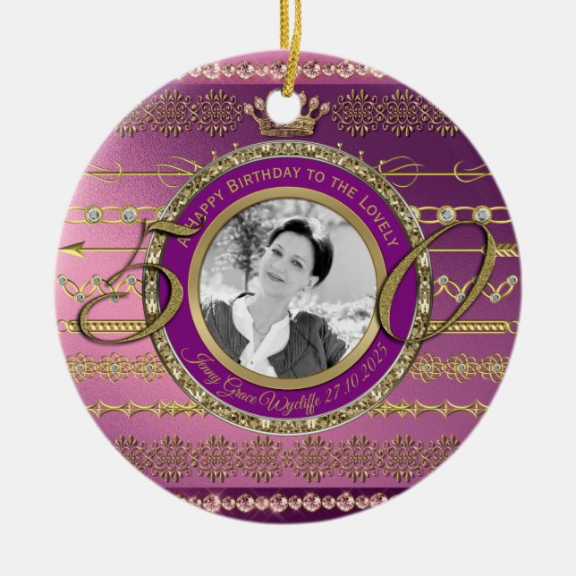 Photo 50th Birthday Crown Gold Diamond Frame Ceramic Tree Decoration (Front)