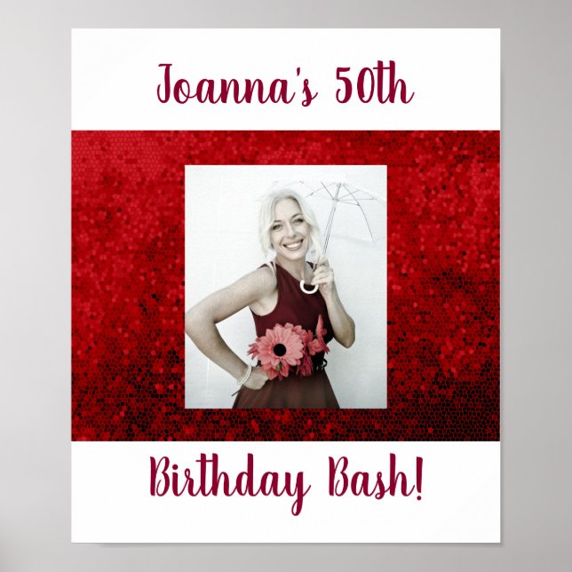 Photo 50th birthday custom party celebration red poster (Front)