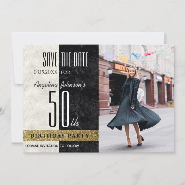 Photo 50th Birthday Elegant Gold Black and White Save The Date (Front)