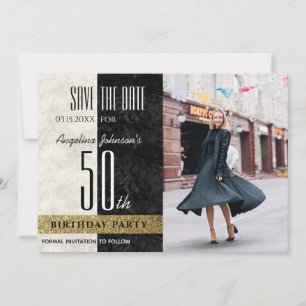 Photo 50th Birthday Elegant Gold Black and White Save The Date