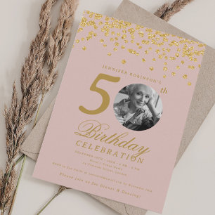 Photo 50th Birthday Gold Confetti Blush Pink Invitation