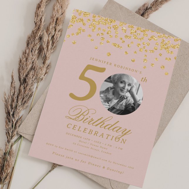 Photo 50th Birthday Gold Confetti Blush Pink  Invitation (Photo 50th Birthday Gold Confetti Blush Pink Invitation)