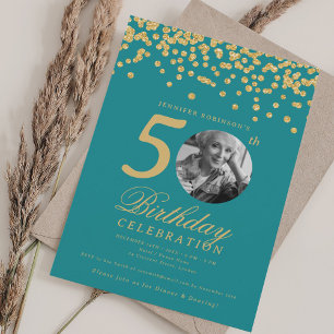 Photo 50th Birthday Gold Confetti Turquoise Invitation