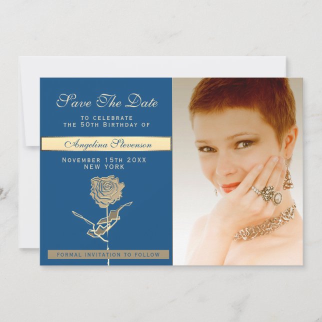 Photo 50th Birthday Luxury Classic Blue and Gold Save The Date (Front)