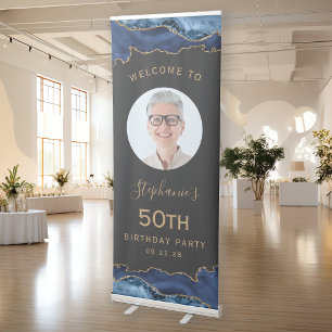 Photo 50th Birthday Navy Blue Agate Dark Retractable Banner