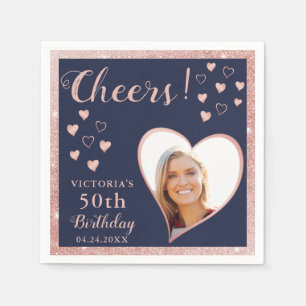 Photo 50th Birthday Navy Blue and Rose Gold Cheers Napkin