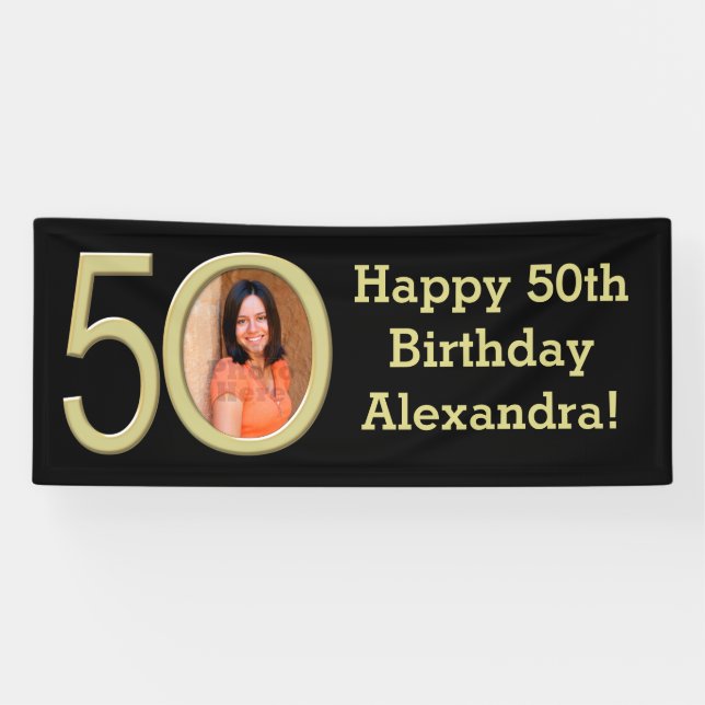 Photo 50th Birthday Party Banner Black/Gold (Horizontal)