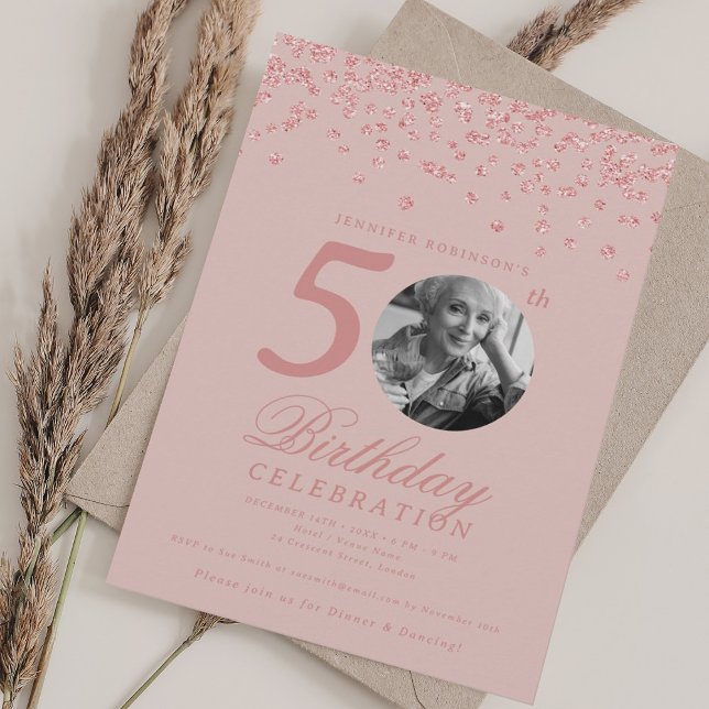 Photo 50th Birthday Rose Gold Confetti Blush Pink  Invitation (Photo 50th Birthday Rose Gold Confetti Blush Pink Invitation)