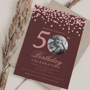 Photo 50th Birthday Rose Gold Confetti Burgundy  Invitation
