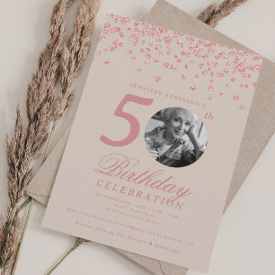 Photo 50th Birthday Rose Gold Confetti Champagne  Invitation