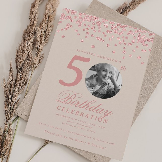 Photo 50th Birthday Rose Gold Confetti Champagne  Invitation (Photo 50th Birthday Rose Gold Confetti Champagne Invitation)