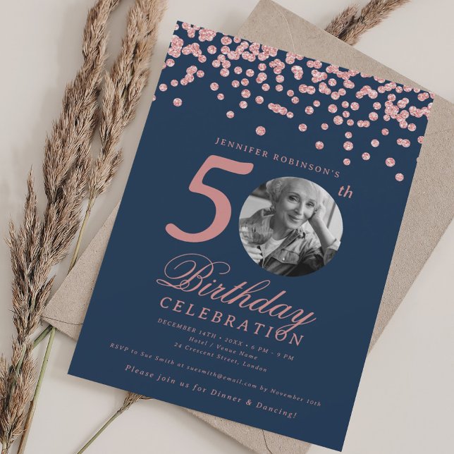 Photo 50th Birthday Rose Gold Confetti Navy Blue  Invitation (Photo 50th Birthday Rose Gold Confetti Navy Blue Invitation)