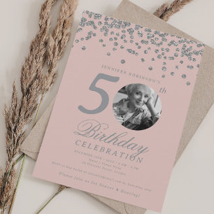 Photo 50th Birthday Silver Confetti Blush Pink Invitation
