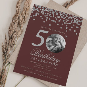 Photo 50th Birthday Silver Confetti Burgundy  Invitation