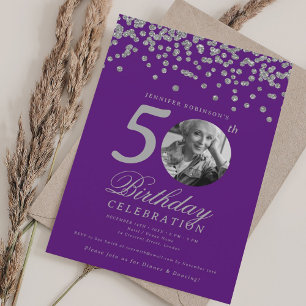 Photo 50th Birthday Silver Confetti Purple Invitation