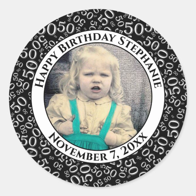Photo 50th Party Random Number Pattern Black Classic Round Sticker (Front)