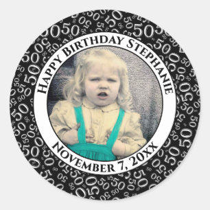 Photo 50th Party Random Number Pattern Black Classic Round Sticker