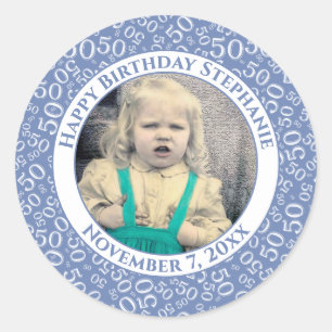 Photo 50th Party Random Number Pattern Blue Classic Round Sticker