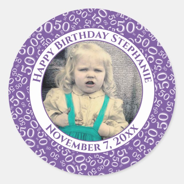 Photo 50th Party Random Number Pattern Purple  Classic Round Sticker (Front)