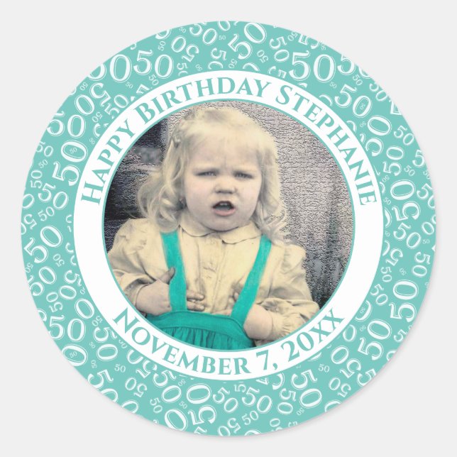 Photo 50th Party Random Number Pattern Teal Classic Round Sticker (Front)