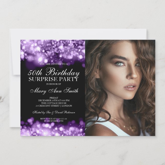 PHOTO 50th Surprise Birthday Purple Glam Lights Invitation (Front)