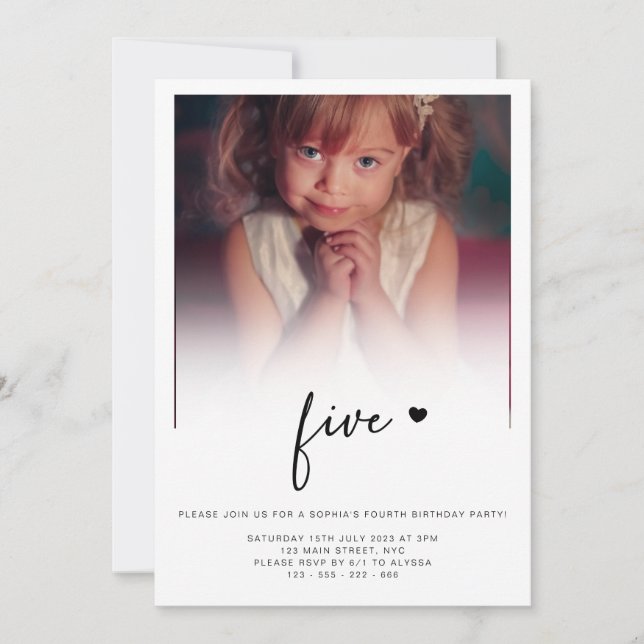 Photo 5th Birthday Five Heart Cute Lovely  Invitation (Front)