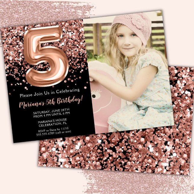 Photo 5th Black Rose Gold Glitter Birthday  Invitation (Creator Uploaded)