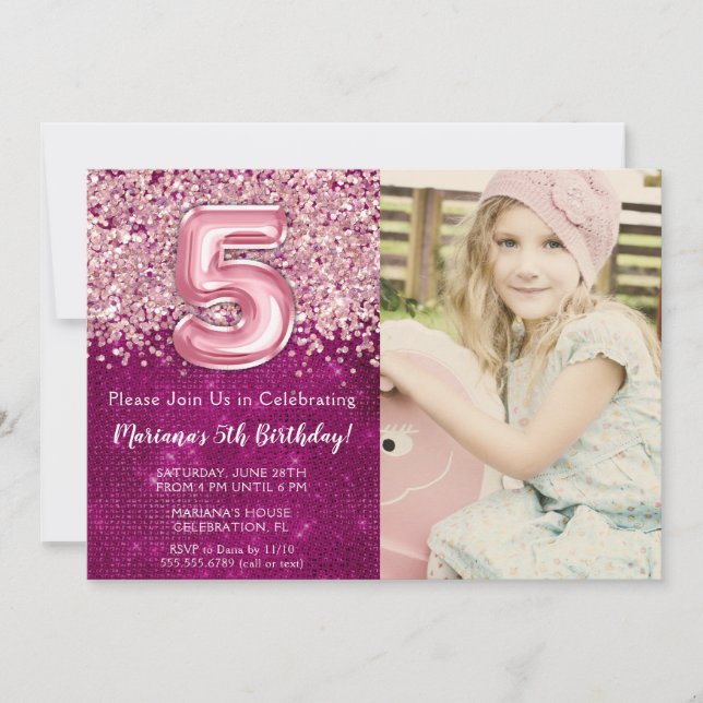 Photo 5th Magenta Pink Glitter Birthday Invitation (Front)